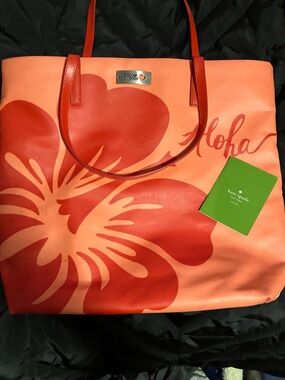 New kate spade Coral Tote with Red Hibiscus Aloha Print